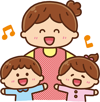 歌うマークと楽しそうな表情の先生と男女の子供たちが並んでいる、幼稚園での活動を表す可愛らしいイラスト