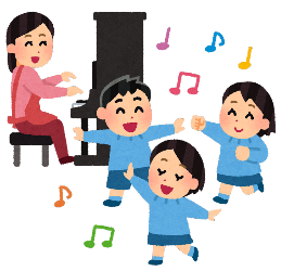 先生のピアノに合わせて子ども達が歌を歌っているイラスト