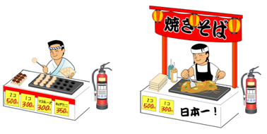 左にたこ焼き屋台、右に「焼きそば」と書かれた屋台が並び、それぞれの屋台の横に消火器が置かれているイラスト