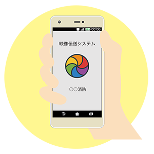 画面に「映像伝送システム」と「〇〇消防」の文字と虹色の絞りのロゴが表示されているスマートフォンを手に持っているイラスト