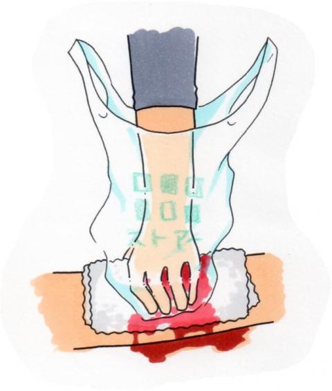 ビニール袋に入れた手で傷口に当てた布を抑えている直接圧迫止血法のイラスト