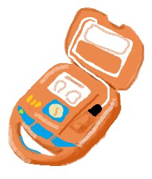 心肺停止状態の人に電気ショックを与えて心臓の動きを戻すために用いる、小型で持ち運び可能な医療機器であるオレンジ色のAEDのイラスト
