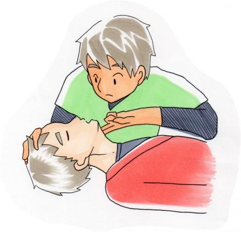 応答がなく倒れている人物に対して、緑色の服を着た人物が下顎と額に手を当てて気道確保を行っている様子を描いたイラスト