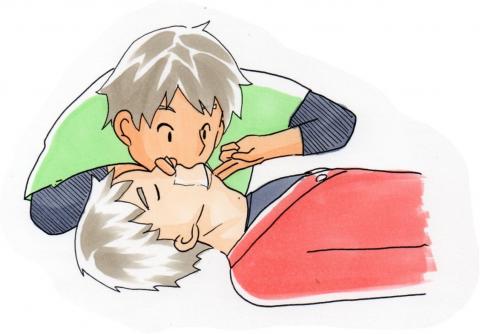 床に横たわる男性の口を自分の口で覆い、人工呼吸を行っている様子を描いたイラスト