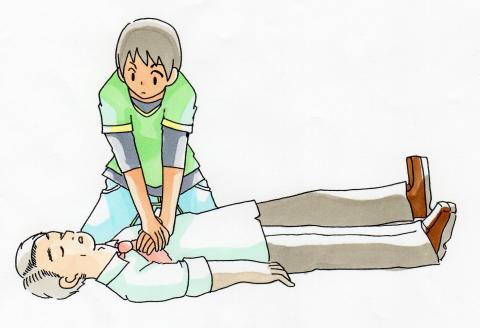 白い服を着て仰向けに倒れた高齢男性に対して、緑の服を着た人物が胸骨圧迫をしている様子を正面から描いたイラスト