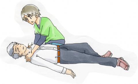 路上に倒れた男性の肩を叩いて声がけして反応の確認をしているイラスト