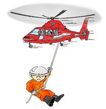 赤いヘリコプターから吊り下げられたロープを使って、オレンジ色の救助服と白いヘルメットを着用した救助隊員が降下している様子のイラスト