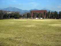 広々とした芝生の広場の奥に、レンガ色の建物と緑の木々が広がる風景写真