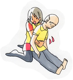 高齢の男性の背後から女性が腕を回し、腹部を圧迫して異物除去を行うハイムリック法を実施している様子のイラスト