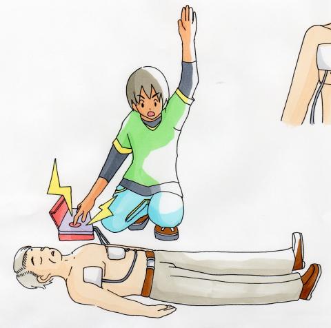 横たわった高齢男性の胸にAEDのパッドを貼り付け、左手を上げて周囲に注意を呼びかけながら電気ショックを与えようとしている緑色の服を着た人物を描いたイラスト