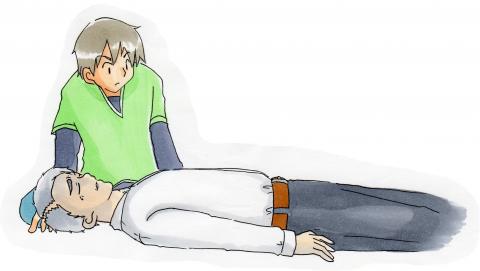 床に横たわる青白い男性の胸と腹の動きを確認し、呼吸の確認をしているイラスト