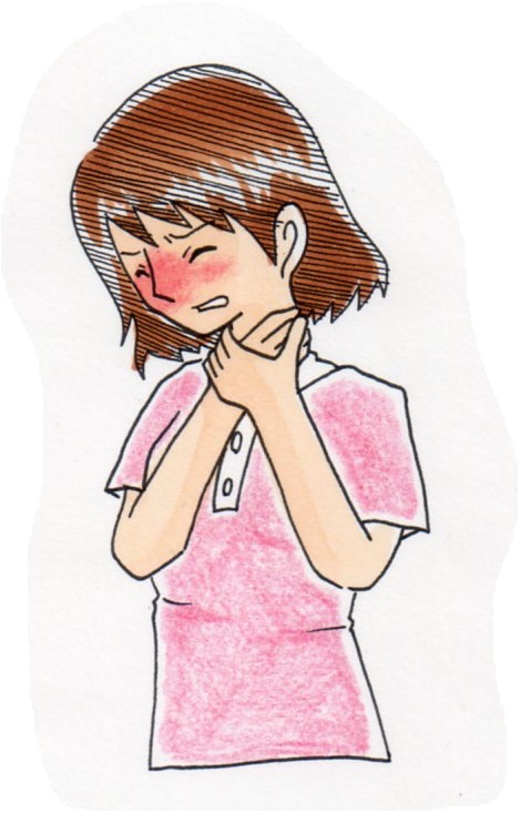 喉を押さえて苦しそうな表情を浮かべる短髪の女性が、顔を赤らめて息苦しそうにしている様子を描いたチョークサインのイラスト