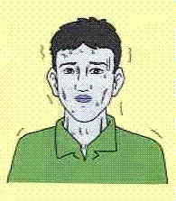 男性の顔が青ざめ、震えているショック症状を表したイラスト