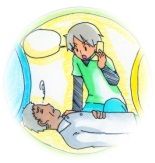 倒れた高齢男性の傍で、携帯電話で救急車を呼んでいる人物を描いたイラスト