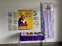 白い壁に黄色と紫のDV防止ポスターや相談窓口案内が掲示され、紫色LEDと紫布で装飾されたテーブルにパンフレットが並ぶ女性に対する暴力根絶啓発の特設展示コーナー写真