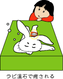 温石と見られる石をうさぎの頭に載せ、子供がのぞき込んでいる様子を描いたイラスト