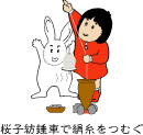 子供が紡錘車で糸を紡いでいる様子を、その横にいるウサギが手をあげて笑っている様子を描いたイラスト