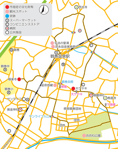 様々な種類のアイコンで観光スポットや史跡などが示されたコースA鶴巻温泉駅周辺の地図
