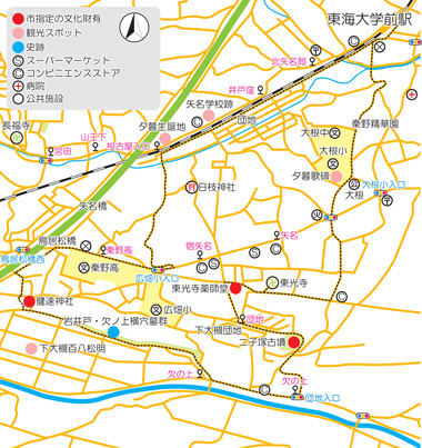 様々な種類のアイコンで観光スポットや史跡などが示されたコースB東海大学前駅周辺の地図