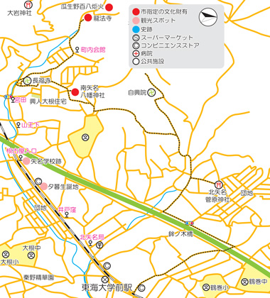 様々な種類のアイコンで観光スポットや史跡などが示されたコースC北矢名・南矢名地区の地図