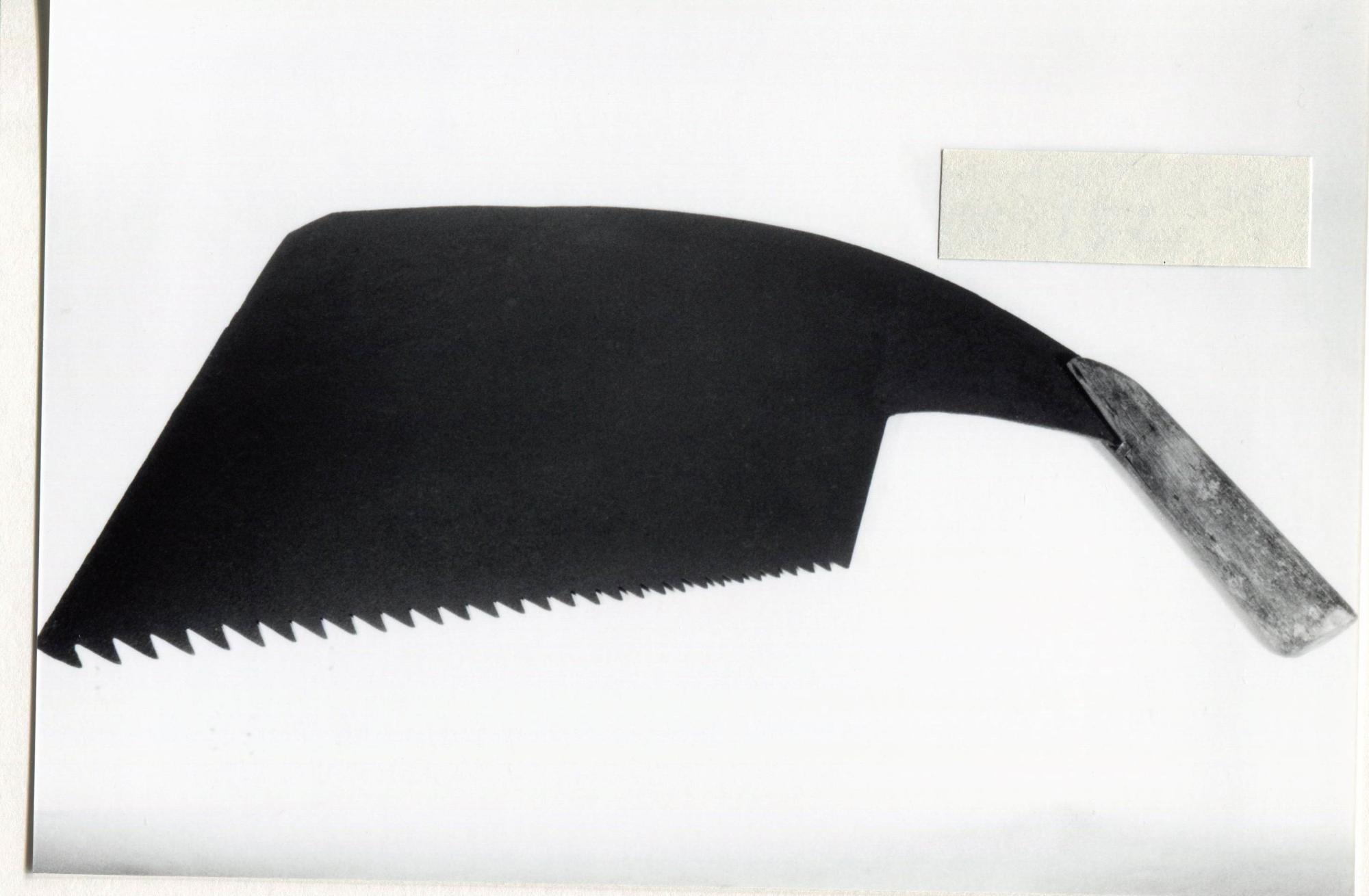 大きくギザギザとした刃に短い木製の柄が組み合わされた木挽ノコギリの写真