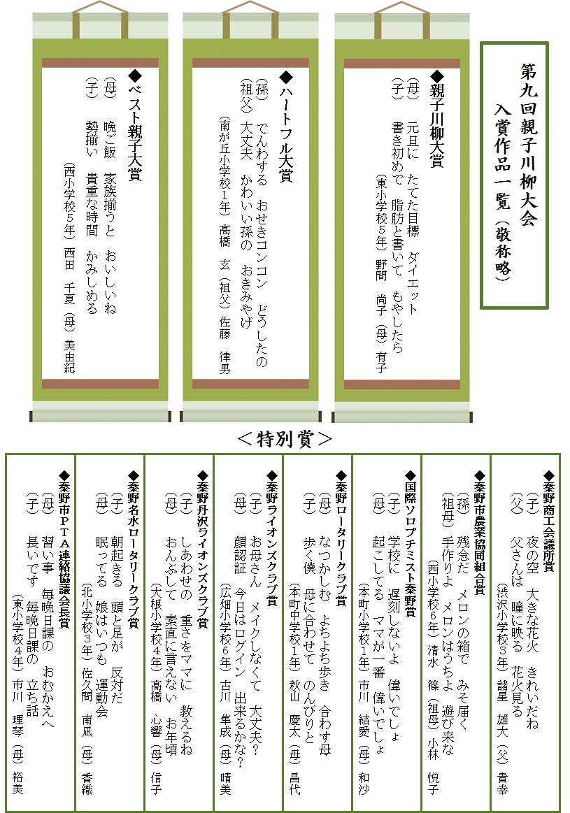 第九回親子川柳大会 入賞作品一覧(敬称略)と書かれ、親子川柳大賞からベスト親子大賞までの各賞受賞作品と、特別賞の作品が載せられたチラシ