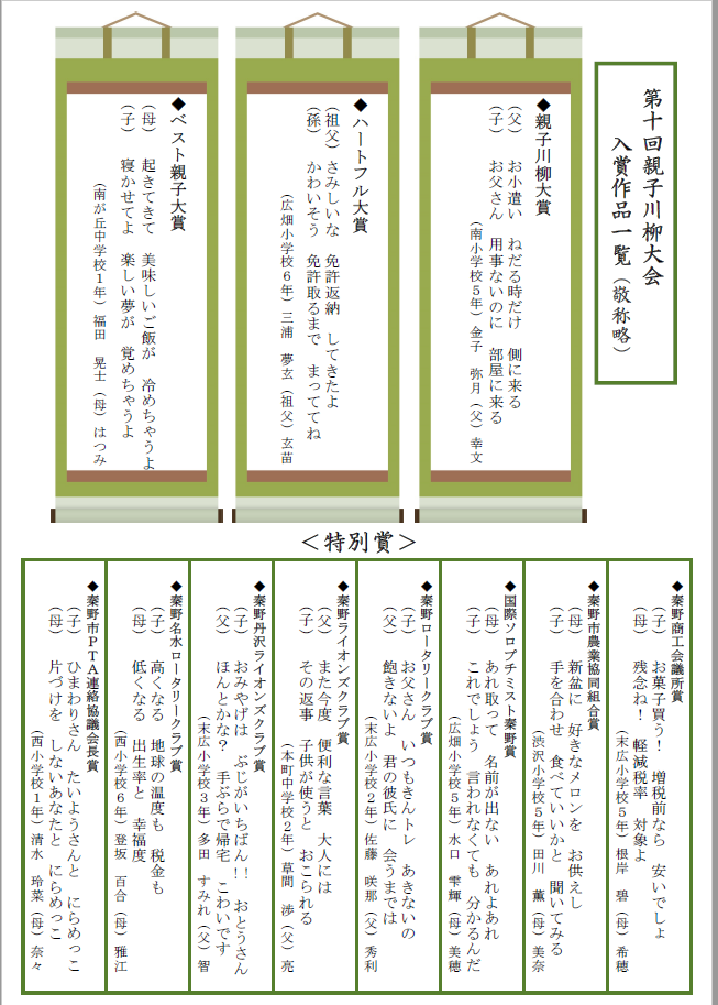 第10回親子川柳大会 入選作品決定チラシ(裏)