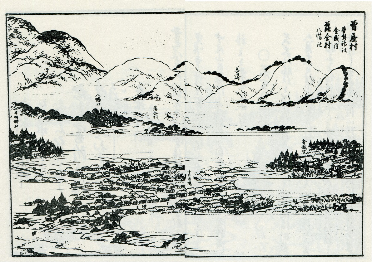 山々に囲まれた広大な湖や川のほとりに家々が密集する集落が描かれた古い絵図