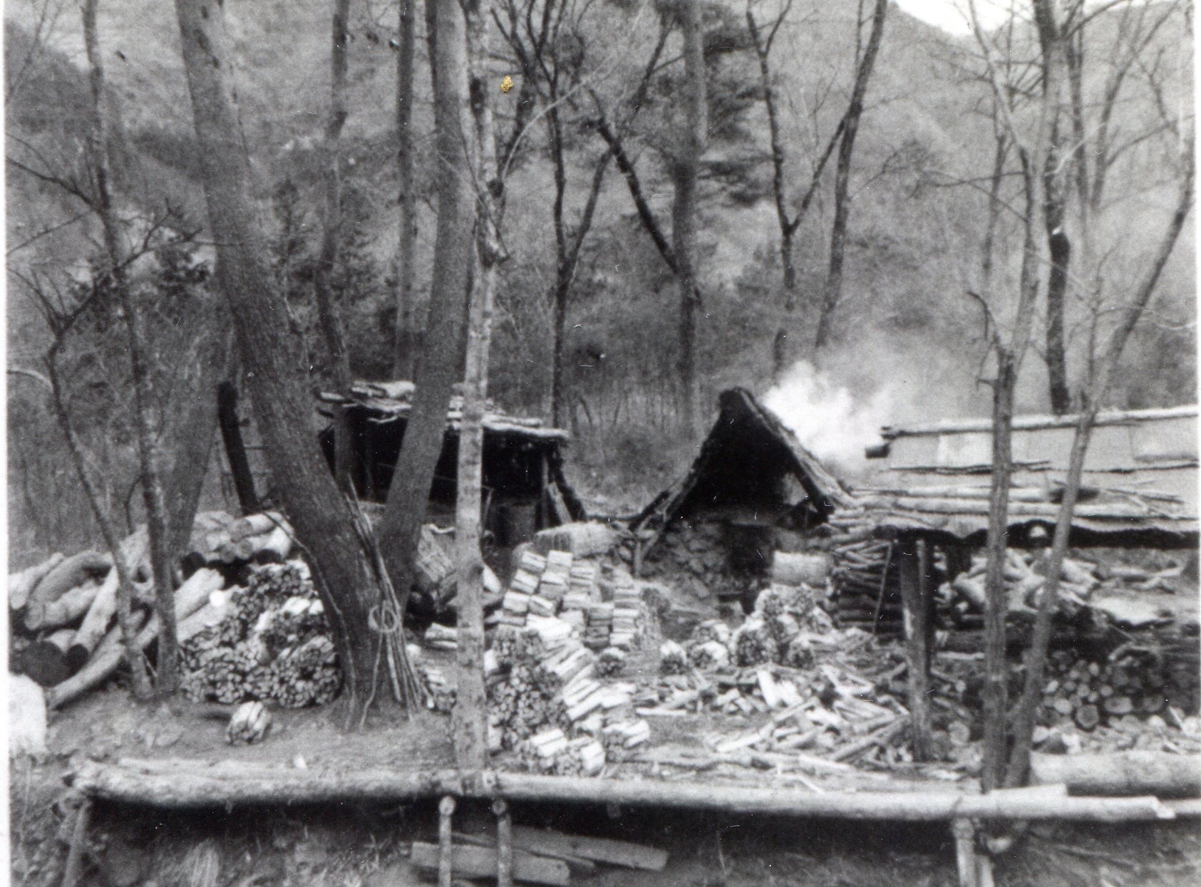 簡素な小屋の前に山積みにされたたくさんの薪や木材が写っているモノクロ写真
