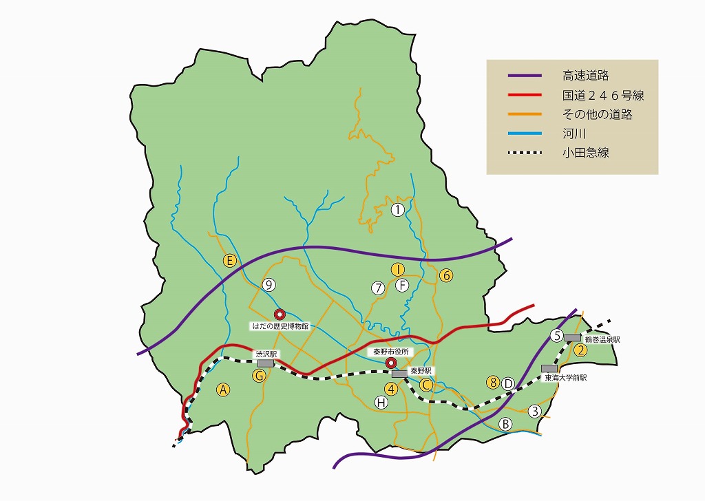 1~9の番号、A~Iのアルファベットで文化財の位置が示され、高速道路、国道246号線、その他の道路、河川、小田急線が表示された秦野市の地図の画像