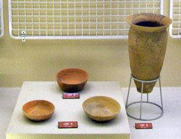 展示ケースに並べられた縄文土器と土器片をメインで写した写真