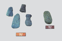 縄文時代後期に用いられたとされる石斧や石皿など、五つの石器が並べて展示されている写真
