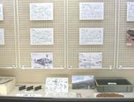 ガラスの展示ケースの台に、近現代の資料やコンテナに入った火山灰が展示され、背後の壁には解説や写真が掲示されている写真