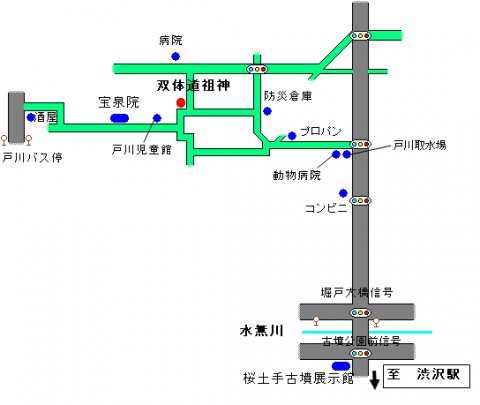 双体道祖神の場所が赤丸で示された地図の画像