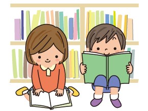 二人の子供が座って本を読んでいるイラスト図