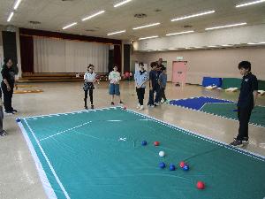 ボッチャが2セットあり、それぞれで数人がプレーしている様子