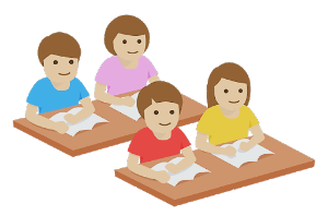 子ども4人が机で勉強している様子
