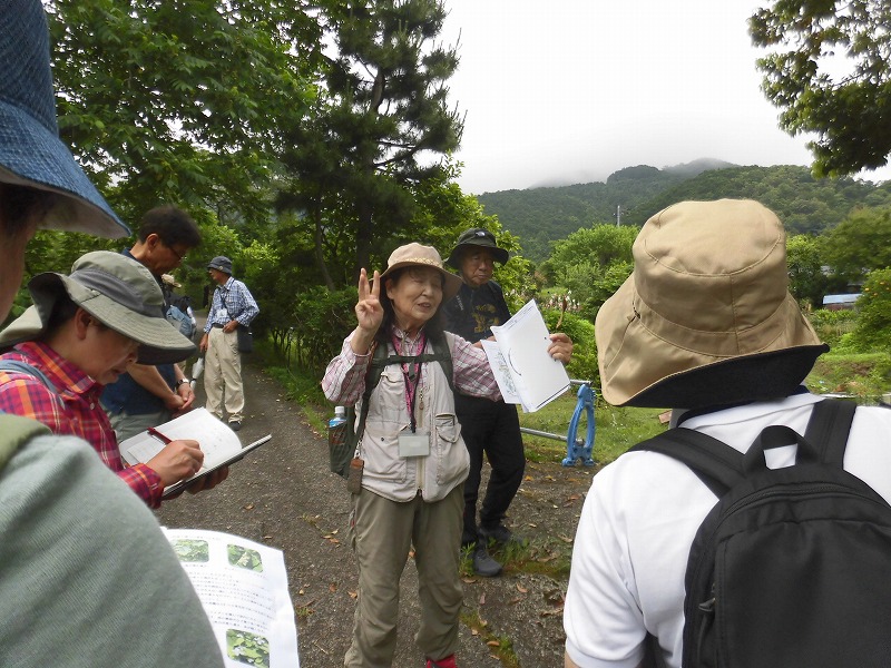 森林の小道で、帽子をかぶったグループを前に、笑顔の女性が地図を片手にピースサインをしながら何かを説明している様子を捉えた写真