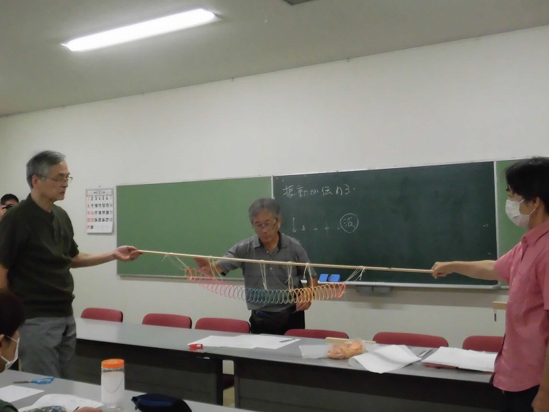 物理実験をテーマにした学習会で、3人の木村晴生先生が黒板の前でスプリングと棒を使った装置を持ち、何かの現象を実演している様子の写真