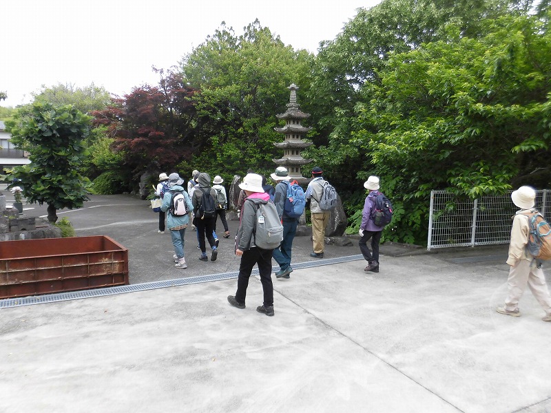 屋外を散策するリュックを背負った男女のグループが、豊かな木々に囲まれ、高さのある石塔の横を歩いていく様子を捉えた写真