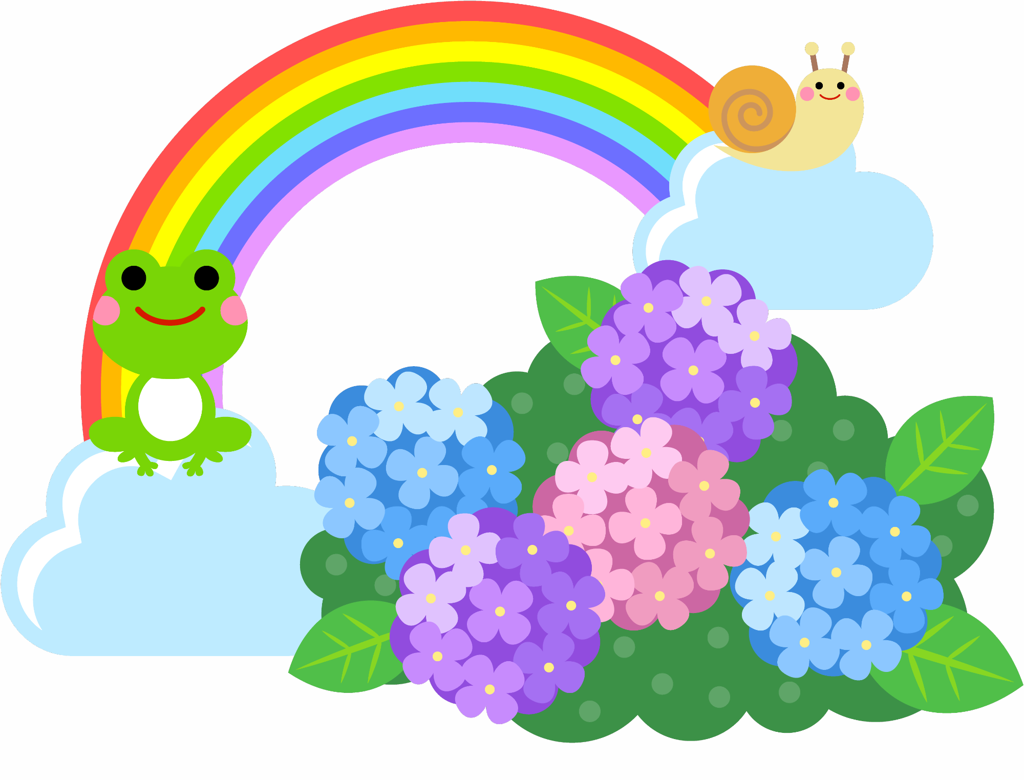 カエル、あじさい、カタツムリのイラスト