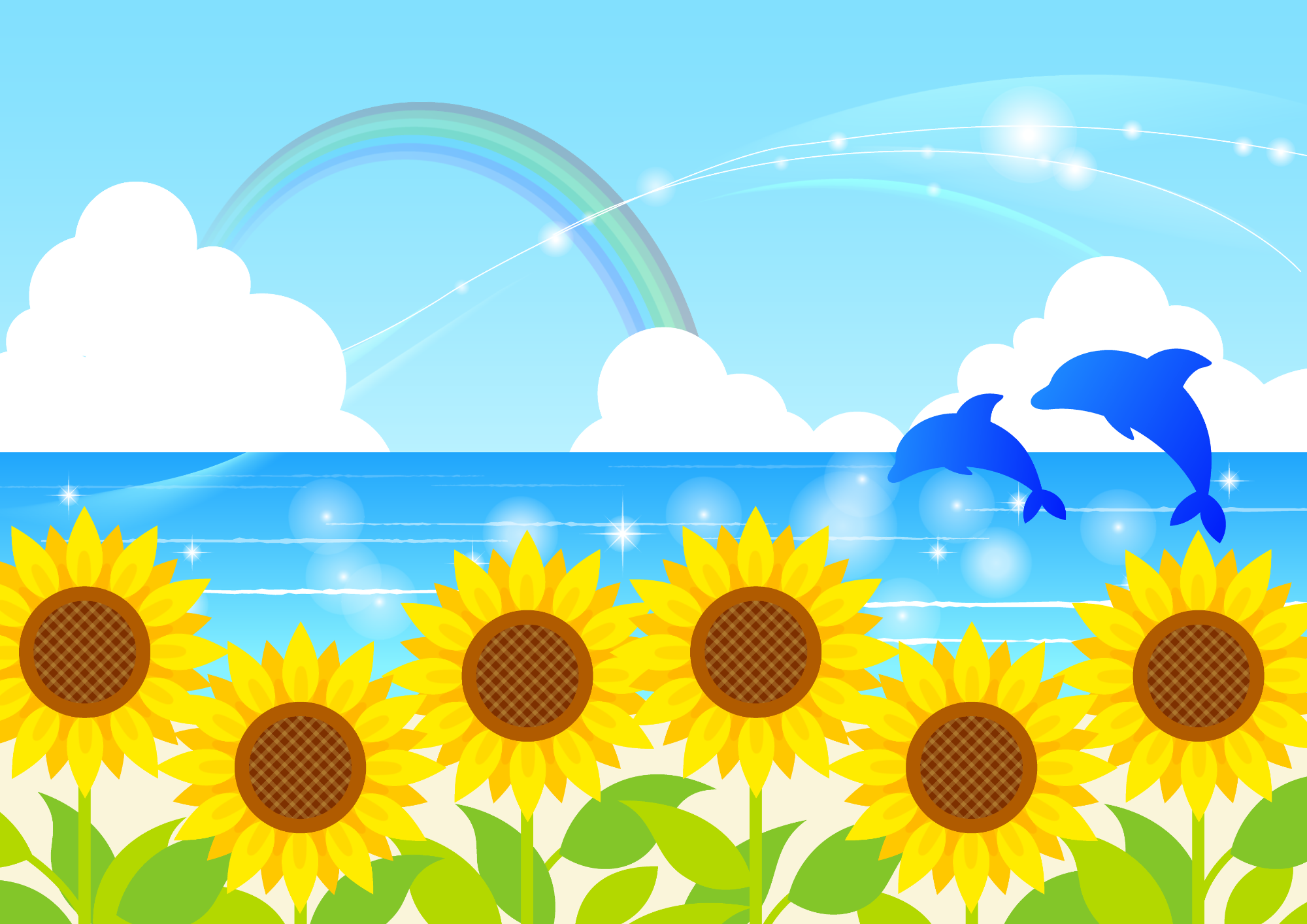 ひまわりと海とイルカのイラスト