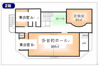 廊下やホールに加えて、多目的ホール、音楽室、集会室A、集会室Bの計4つの部屋が配置され、それぞれの面積が示されている施設の2階部分を示す平面図
