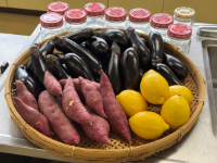 講師が用意した材料の地元野菜のナスおよびサツマイモそしてレモン