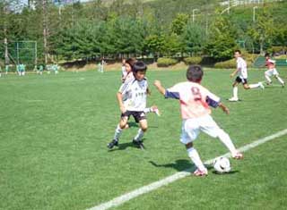 緑の芝生のグラウンドで、白いユニフォームとオレンジ色のユニフォームを着た少年たちが、互いにサッカーボールを奪い合おうとしている試合中の写真