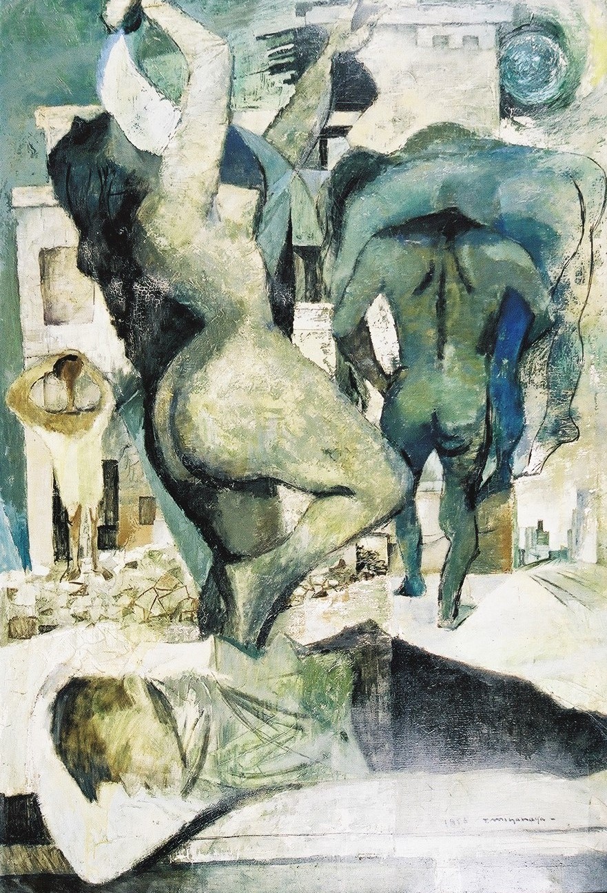 白を基調とした建物を背景に複数の人物が描かれており、横たわる人物の上に片足で立ち両手を上げている裸の女性と、その奥で背を向けて肩に人を乗せて運んでいる男性を描いた、荒々しい筆致が特徴的な絵画作品の写真