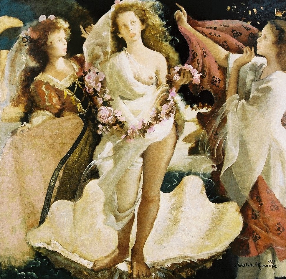 花冠を頭と腕に飾り、薄い布をまとった女性が大きな白い貝殻の上に立っており、両側にいる2人の女性が取り囲んで布を広げて祝福している、全体が優しく淡い色彩で描かれた「ヴィーナスの誕生」を思わせる絵画作品の写真