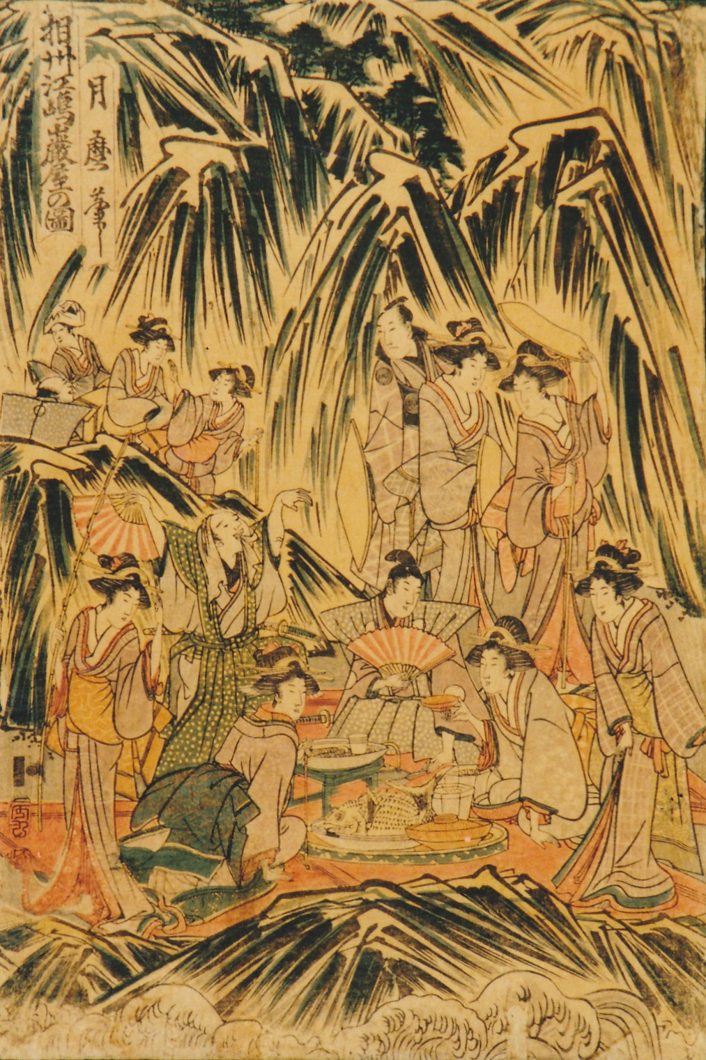 ゴツゴツした岩肌を背景に、鯛などのごちそうを前に大勢の男女が着物姿で集まり、団扇を手にして踊ったりして酒宴を楽しんでいる様子を描いた浮世絵