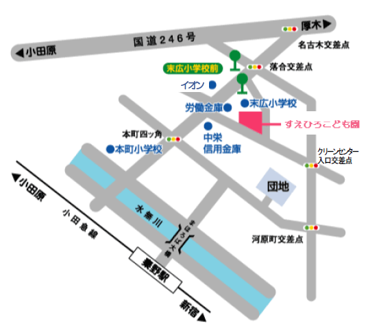 近くに落合交差点があり、周辺にイオンや末広小学校がある、すえひろこども園の位置図