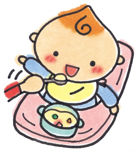 椅子に座って黄色いスタイをつけた赤ちゃんが、差し出されたスプーンの離乳食を大きな口を開けて嬉しそうに食べているイラスト